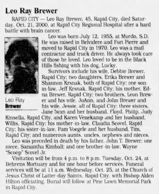 Leo Brewer (Deceased), Rapid City, SD South Dakota